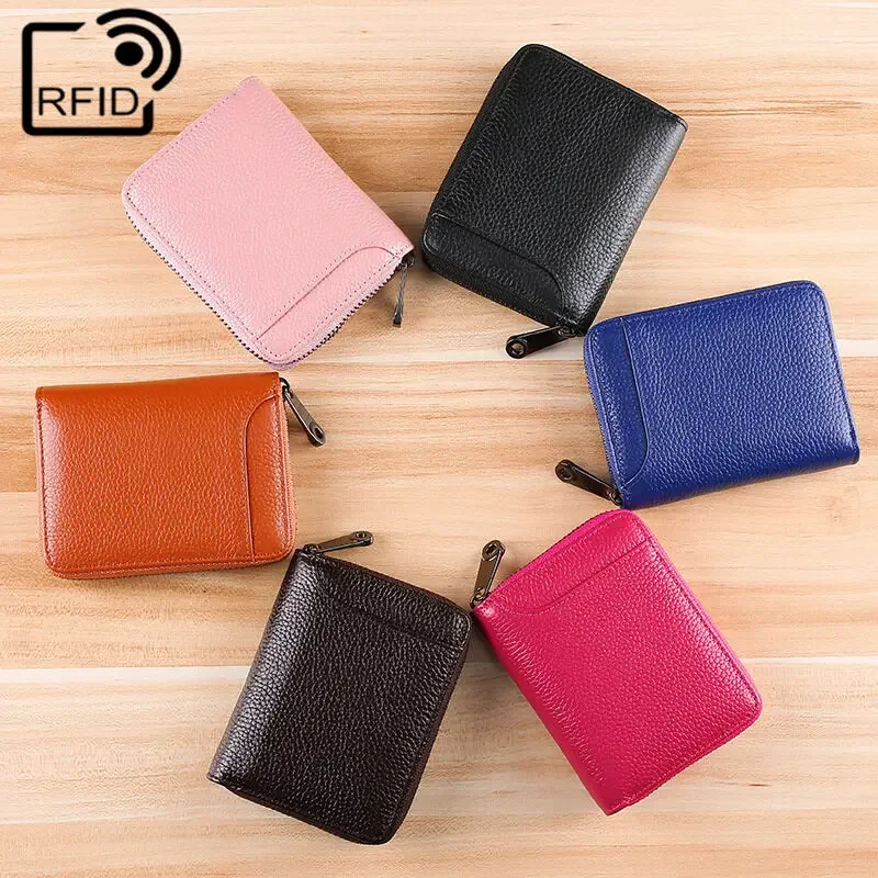 Wallet Genuine Leather Bank Credit Card Rfid Blocking Holder Men and Women Slim Change Coin Keys Cards Pouch Purse Zipper Bag