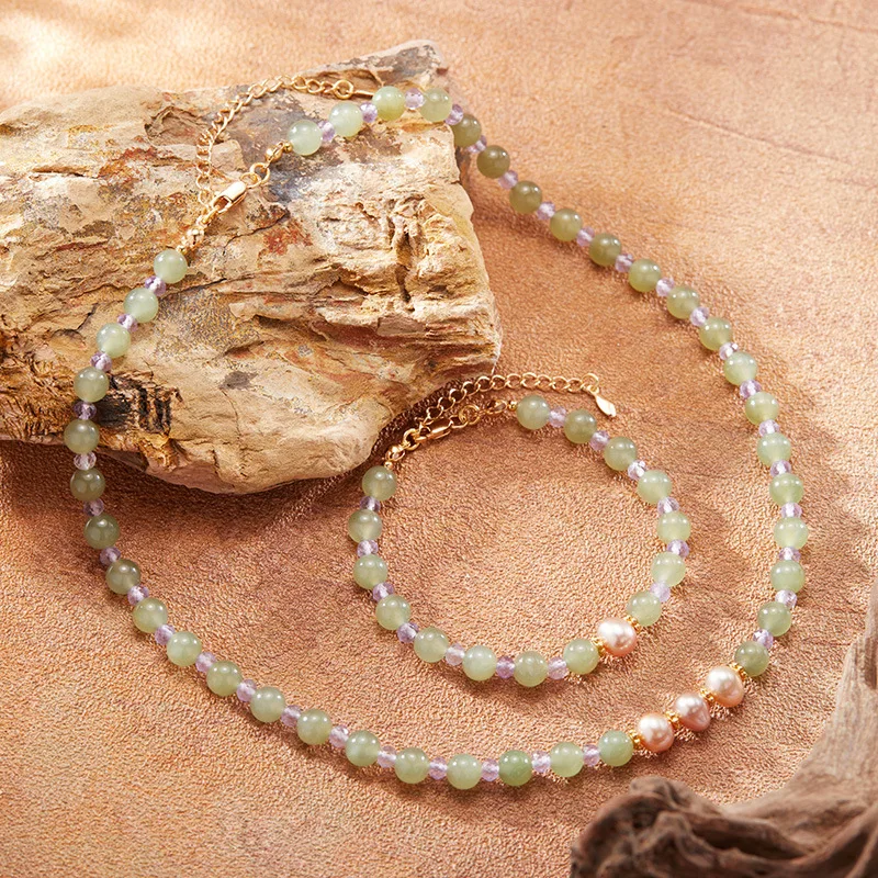 

Natural Hetian Jade Pearl Necklace Women's Sets925Wholesale of Full Pure Silver Collarbone Chain Hot Item