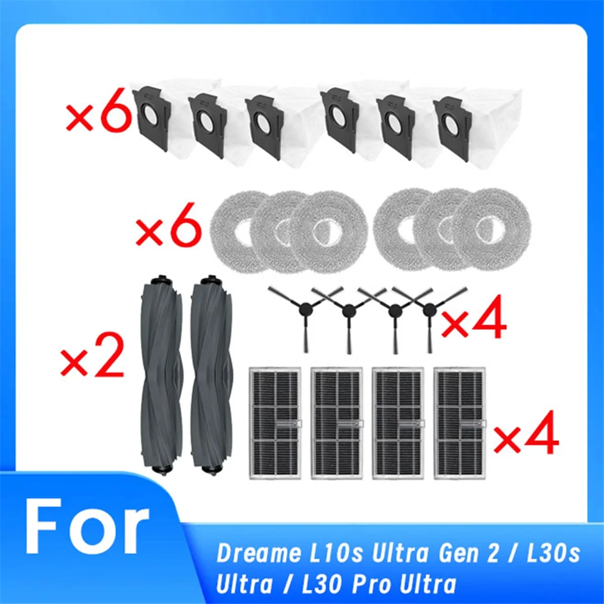 

A61I 22 Pcs for Dreame L10s Ultra Gen 2 / L30s Ultra / L30 Pro Ultra Robot Vacuum Main Side Brush Mop Filter Dust Bags