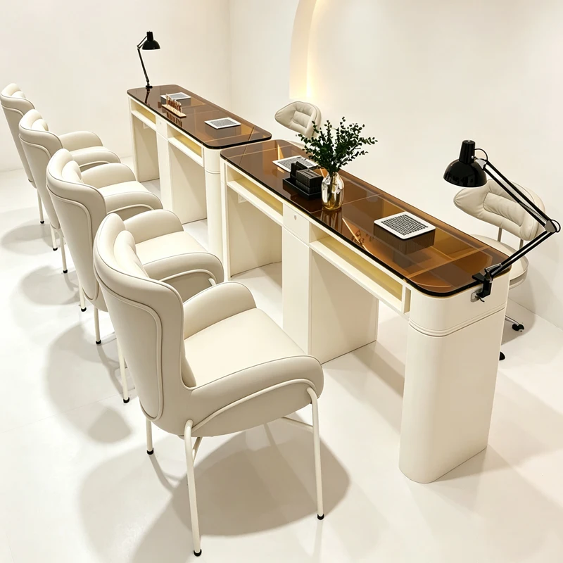 Creamy White Glass Nail Table, Built-in Dust Extractor Socket, Professional Manicure Station, Elegant Design, Salon Furniture
