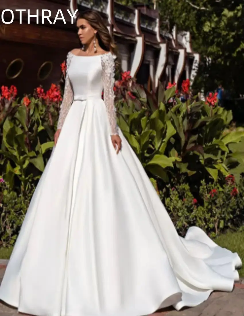 Satin Open Back A-Line Dubai Wedding Gown With Belt Women Long Bridal Dress Vestidos De Novia Long Sleeves Wedding Dresses