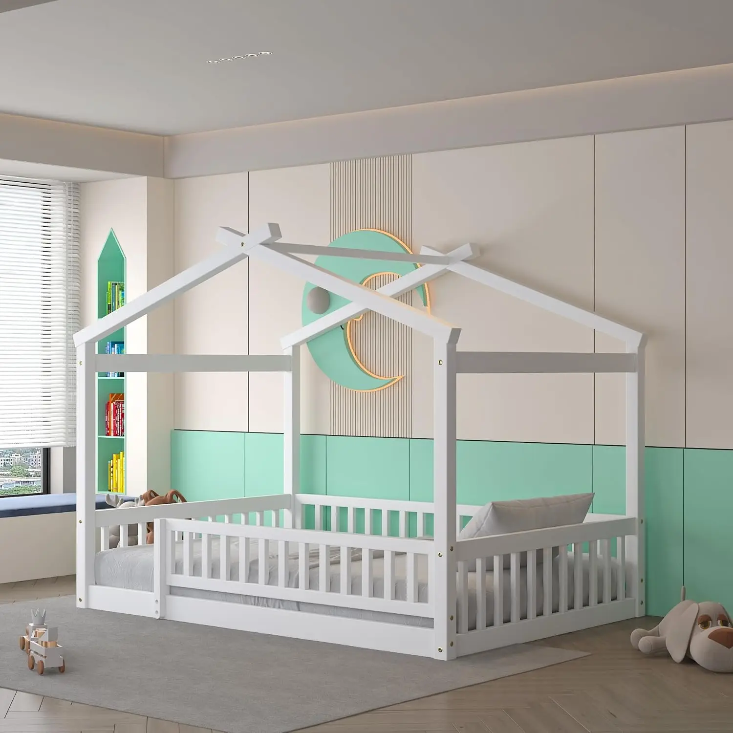 Casa de cama de tamaño completo con barandillas de valla, marco de cama de estilo Montessori de madera para niños, divertidas camas de Casa de juegos para niñas