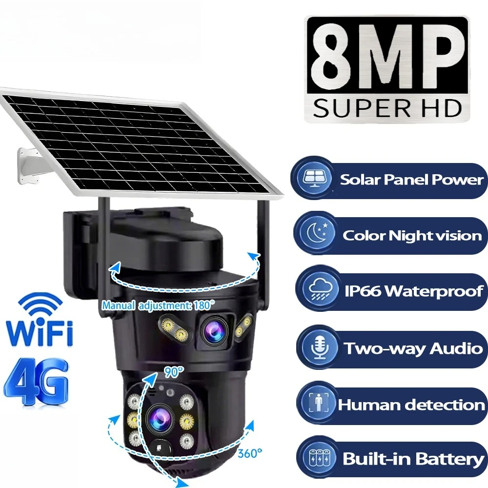 

4G / WiFi Solar Camera Dual Lenses Outdoor 8MP 4K Low Power Battery IP Camera PIR Color Night CCTV Security Protection Cam