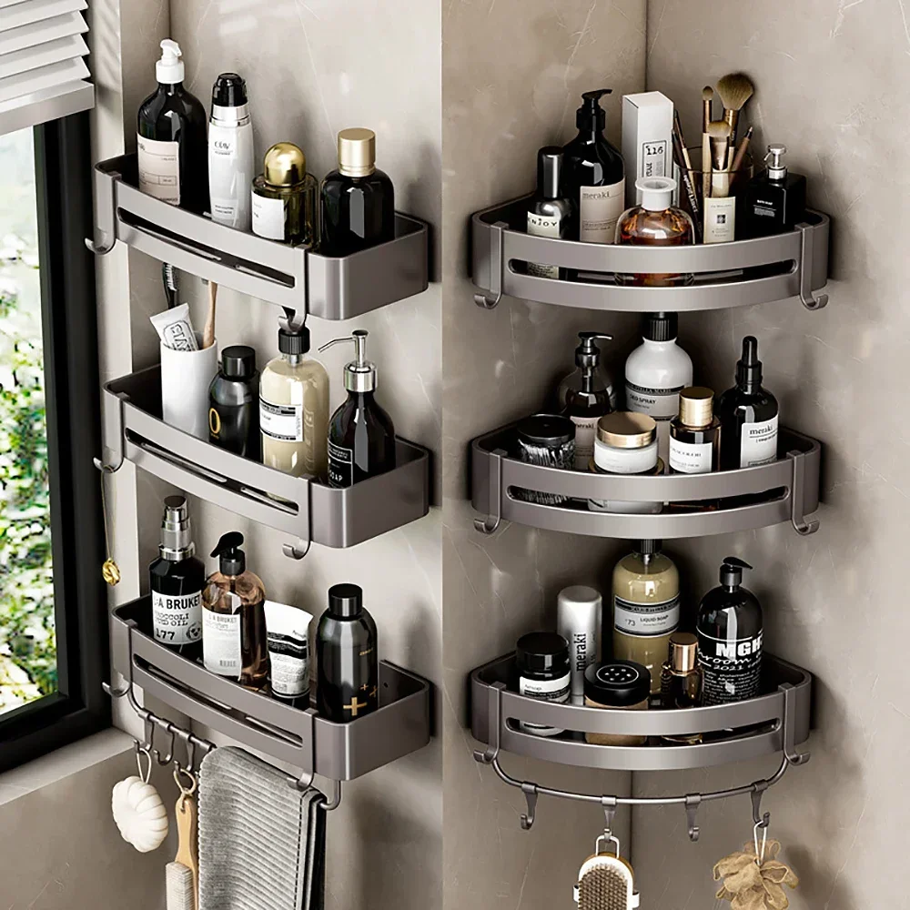 Corner Rod Shelf Storage Holders Gun Gray Aluminum Square Shelves Shower Rack Kitchen Hanger Shampoo Rack Bathroom Accessories