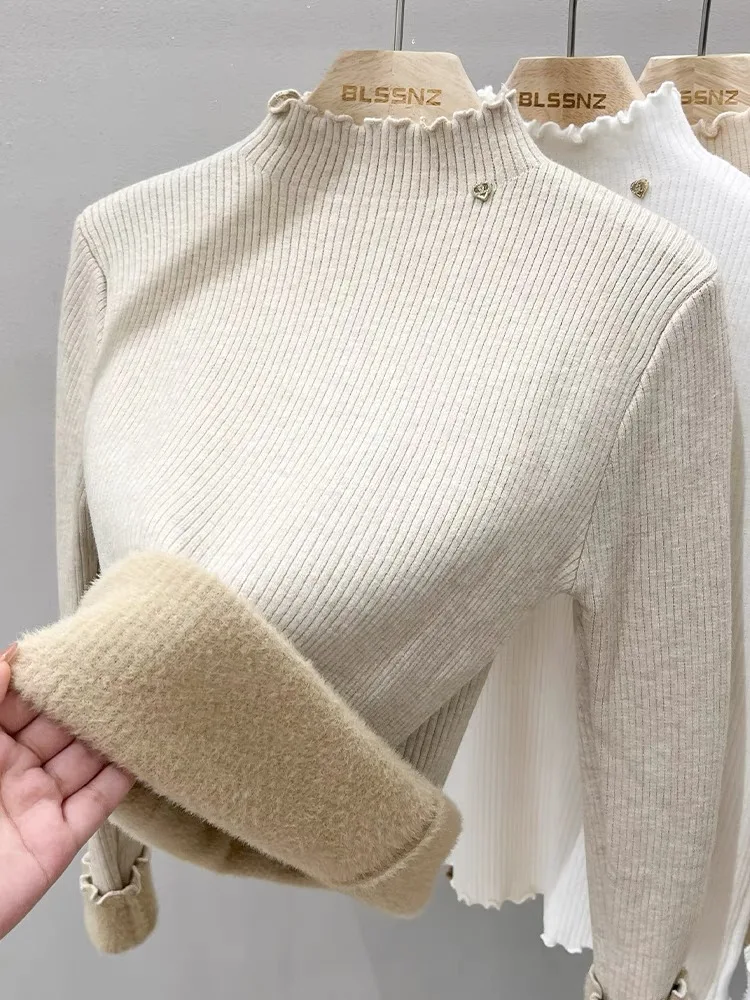 

Женская утепленная трикотажная кофта с высоким воротником из норкового бархата, осенне-зимний вязаный топ с длинными рукавами