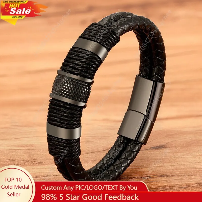 

Vintage Woven Leather Rope Wrap Bracelets For Men Classic Stainless Steel Bangles Bracelets Punk Wristband Jewelry Male Gifts