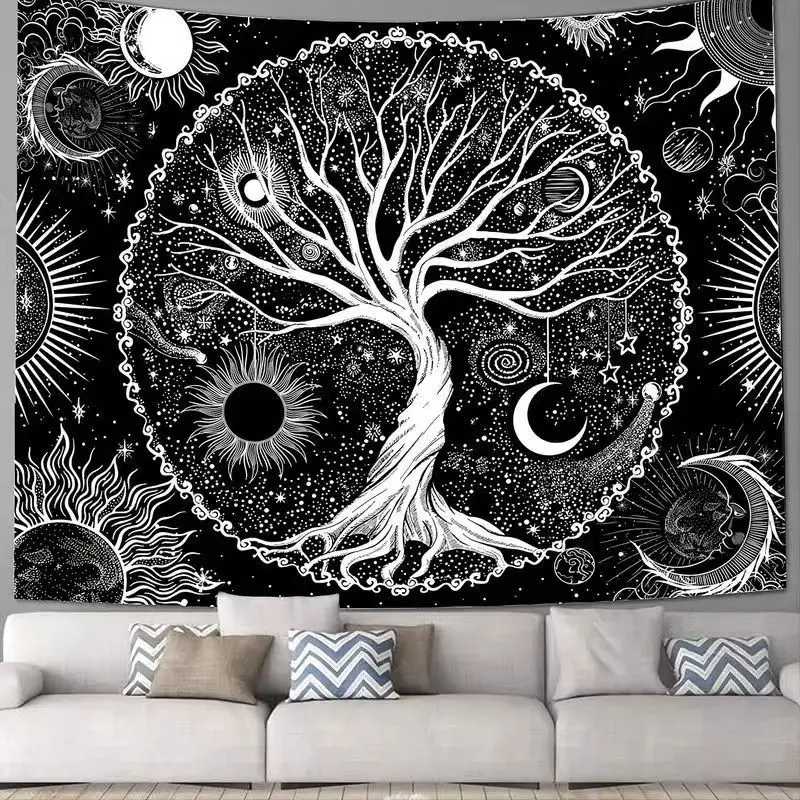 A Set Of Black Bohemian Style Tree Of Life Sun And Moon Elements Beautiful Psychedelic Background Decoration Tapestry