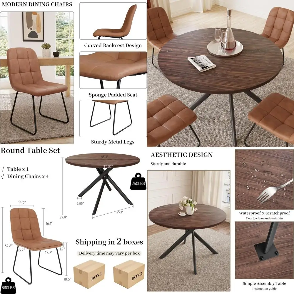 

45.3 Contemporary Walnut Dining Table with 4 U-Shaped Brown Chairs