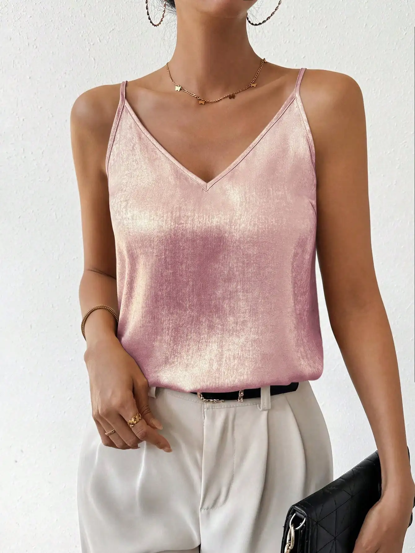 Casual Elegant women's tank top Thin strap Solid color sparkling women's tank top