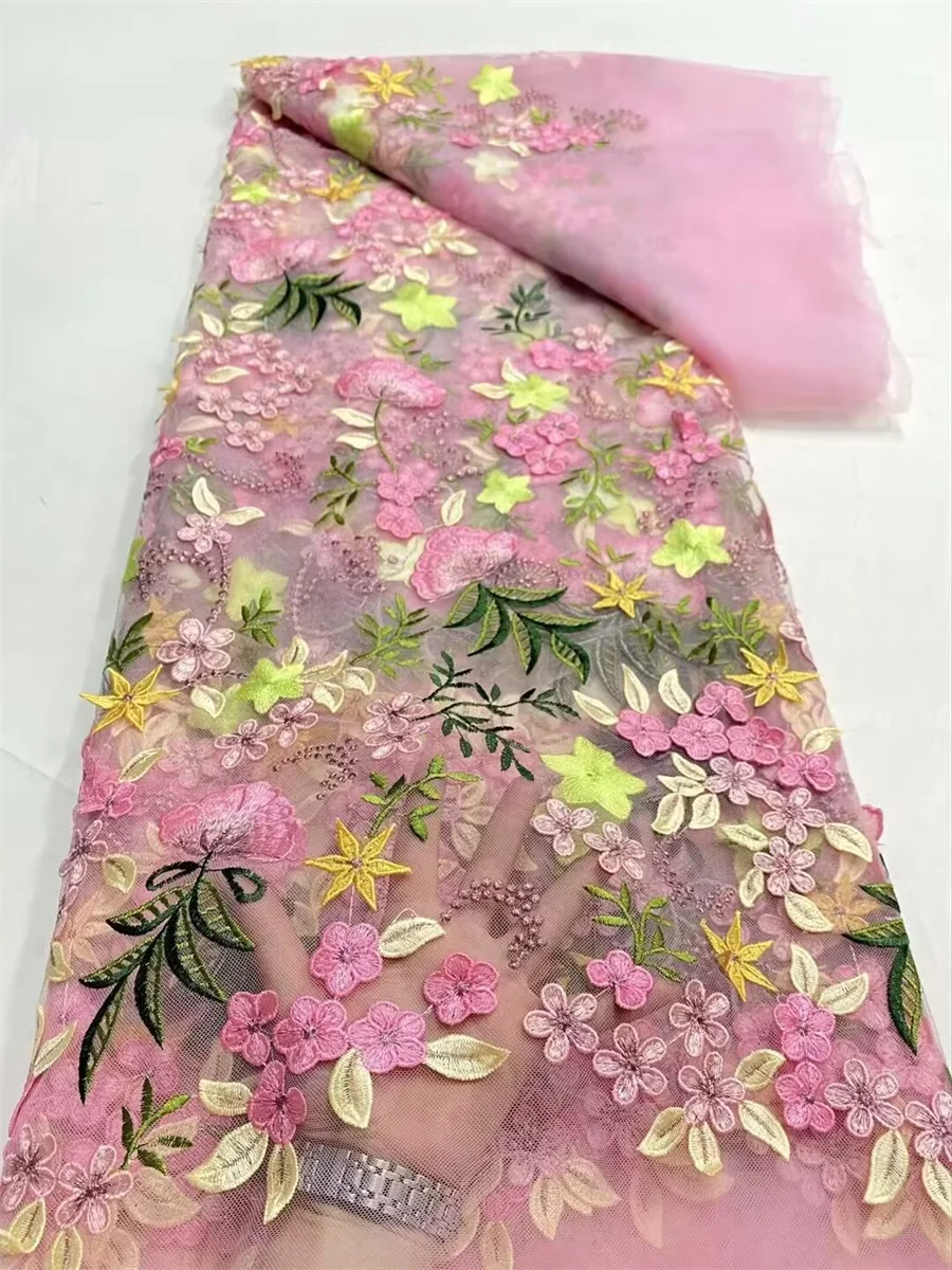 

High Quality Pink French Net Lace Fabric African Tulle Material 3D Appliques Embroidery Mesh Tissus Dentelle For Dress PN2