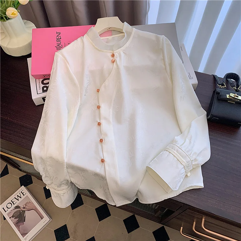 

Ele Chinese Sle Long Sve irt Women's Early Autumn New Design Stand Collar Side Buttoned Traditional Faion Top