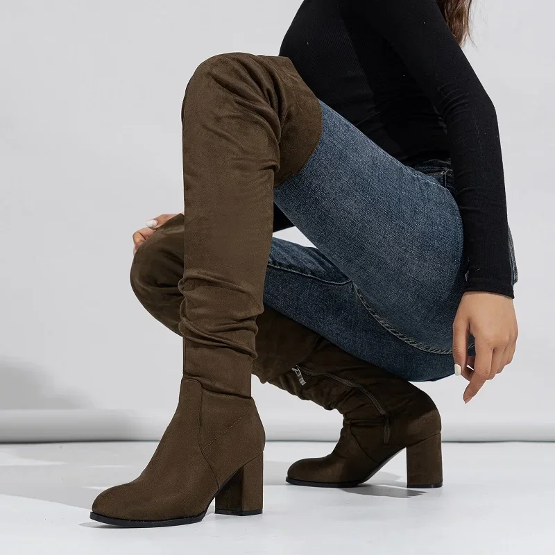 

Eilyken Retro Style Flock Zipper Women Over-the-Knee Boots Fashion High Heels Wedding Party Shoes Long Motorcycle Booties
