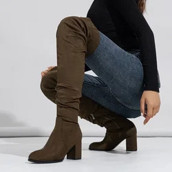 Eilyken Retro Style Flock Zipper Women Over-the-Knee Boots Fashion High Heels Wedding Party Shoes Long Motorcycle Booties