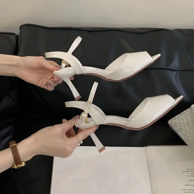 8cm Stiletto Heel Sandals Black Patent Leather Peep Toe Ladies Summer Shoes Comfortable High Heels Woman Shoes Sandals White - view 5