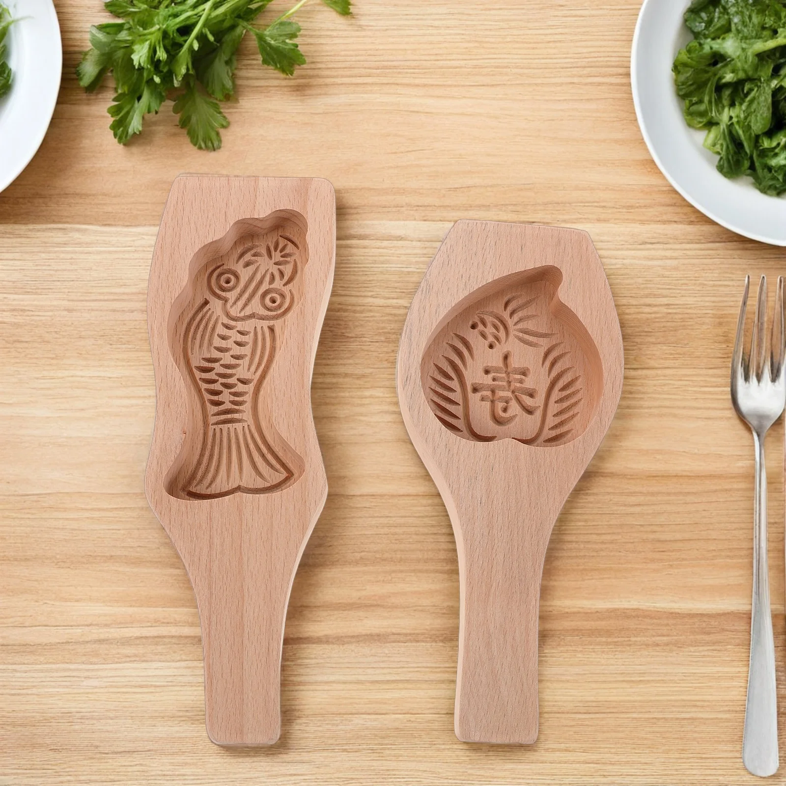 

2Pcs Mooncake Mold Traditional Chinese Style Wooden Handle Carp Peach Pattern Mid-Autumn Festival Bakeware Pastry Making Tool