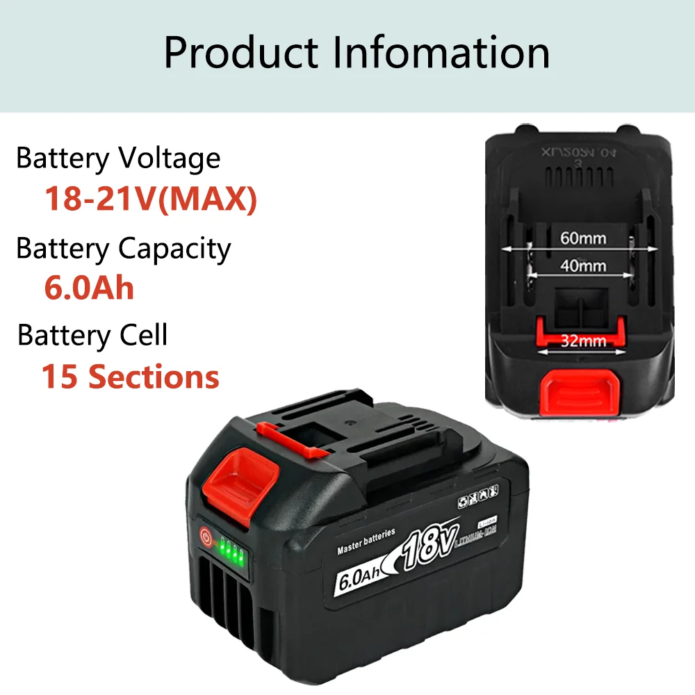18V Rechargeable Battery 6.0Ah High Capacity Lithium Ion Battery with Battery Indicator for Makita Electric Power Tools