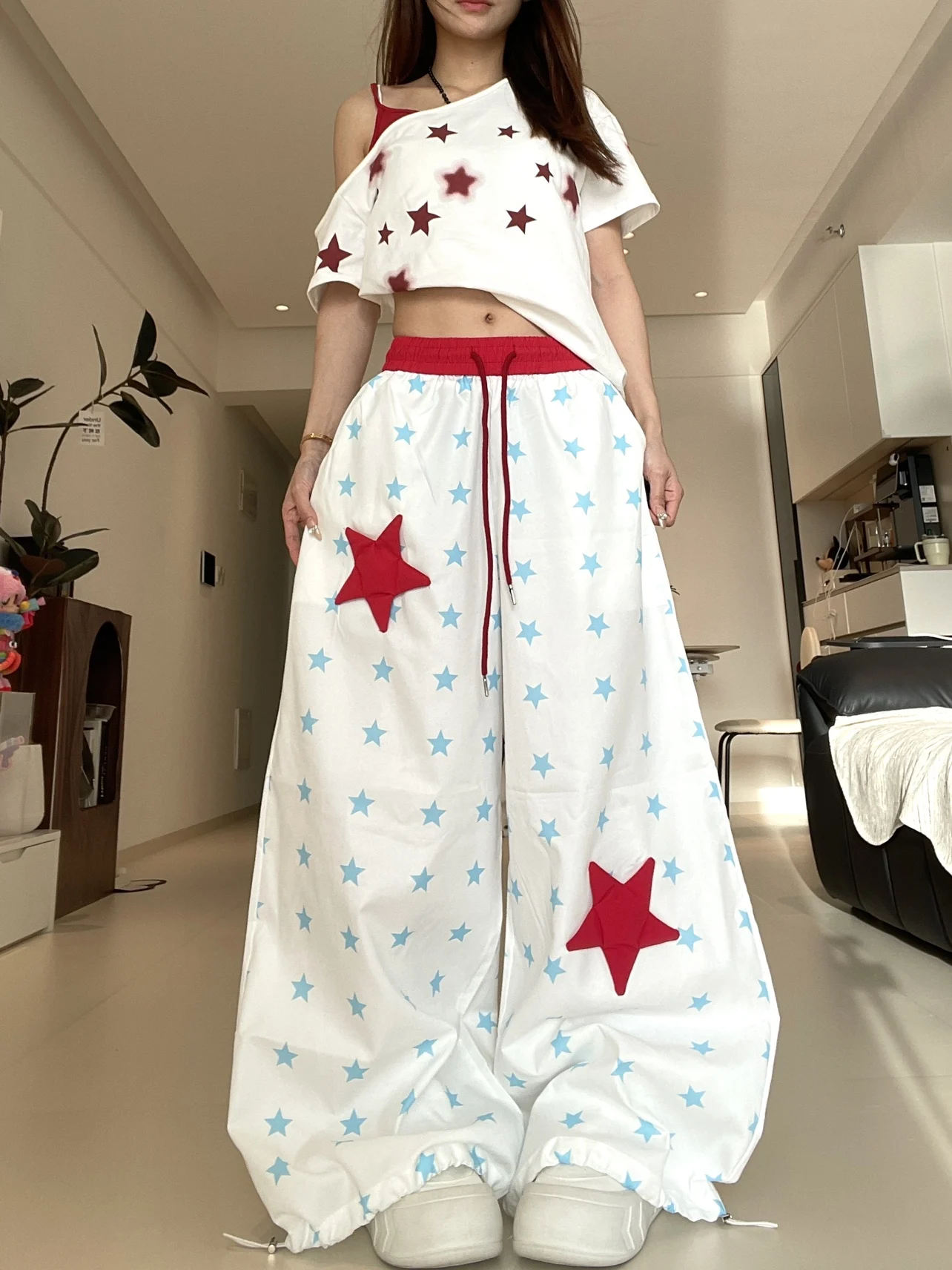

Summer Thin Wide Leg Casual Pants Women's Star Print Design Sensation Loose Fit Trousers Street Style Sporty Casual Polyester...