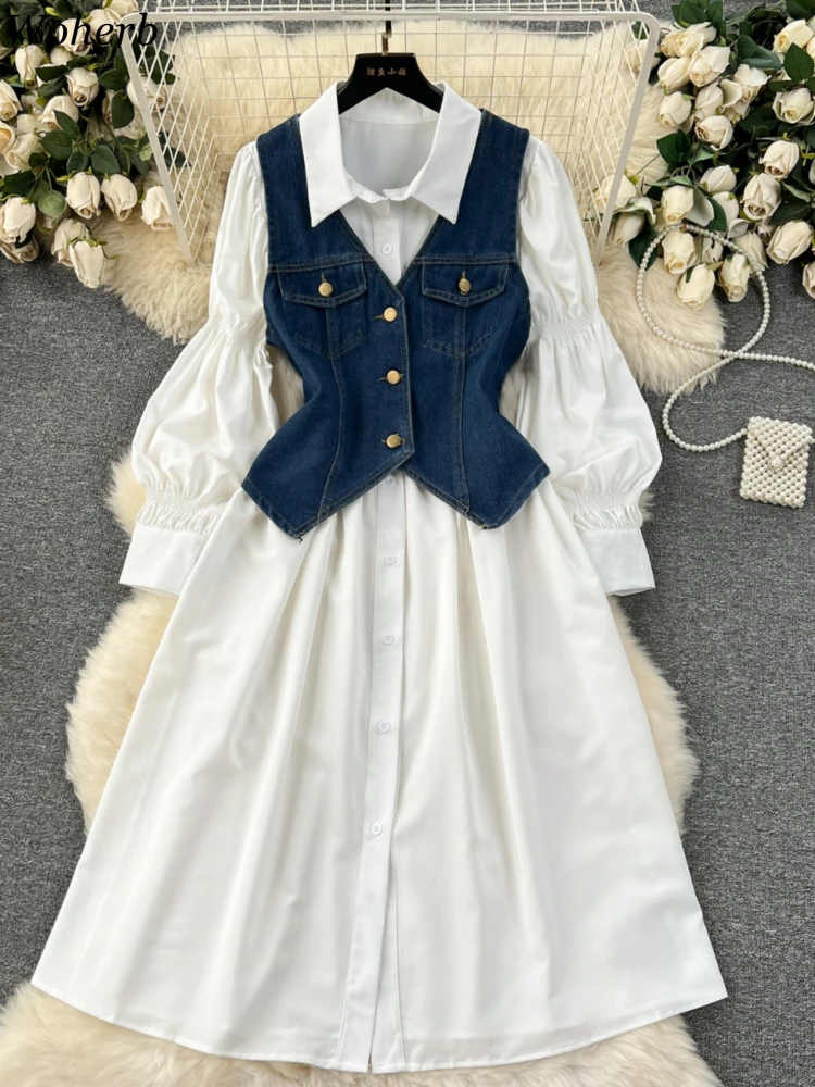 Two-piece Set Robe Femme White Woman Dresses 2024 Vesttidos De Mujer Vintage Single Breasted Denim Vest Casual All Match Sets