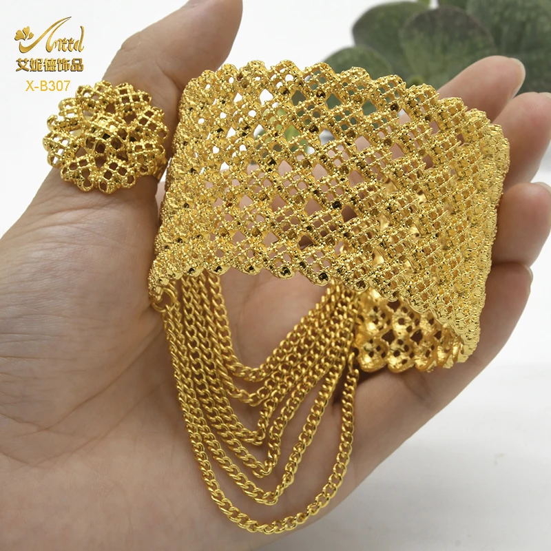 

ANIID Tassel Cuff Bracelet With Ring Female 24K Dubai Gold Color Designer Bracelets For Women Luxury Ethiopian Jewelry Bangle