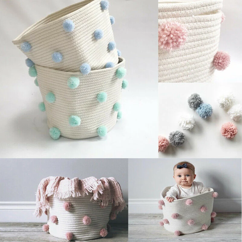 Nordic Cotton Rope Knitted Pom Decoration Laundry Basket Toy Storage Bucket For Home