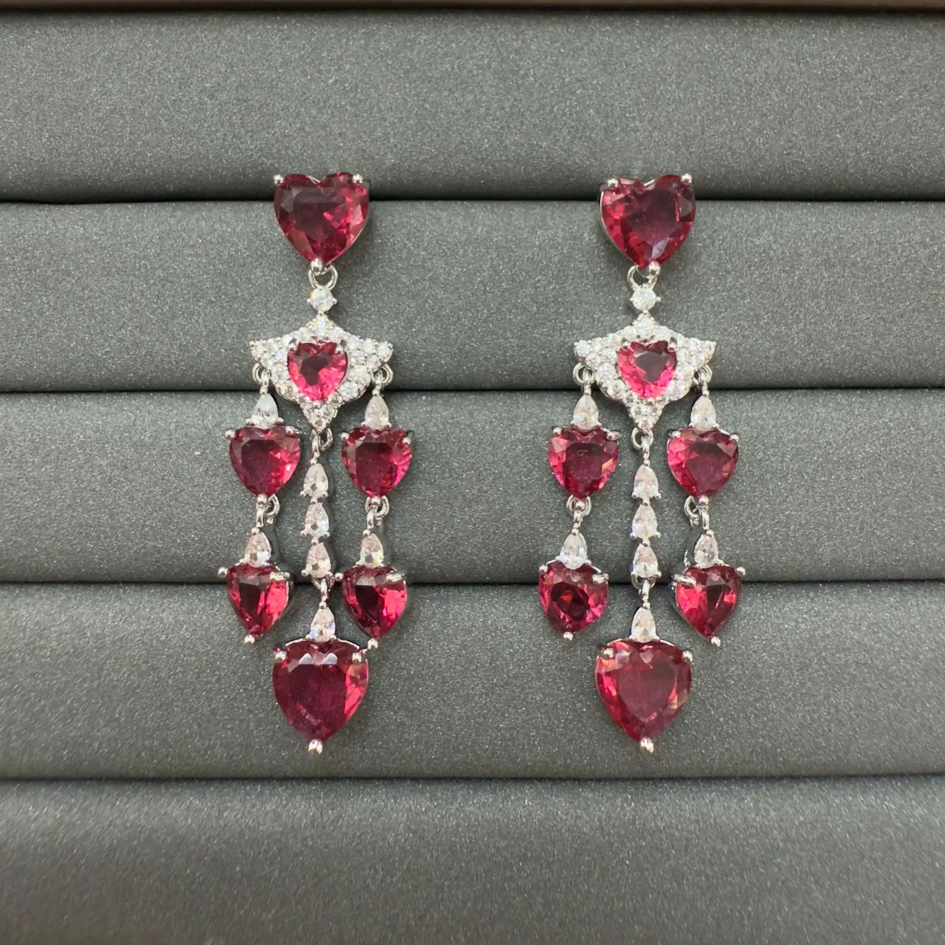women earrings fushia red zirconia small heart tassel dangling earrings gift