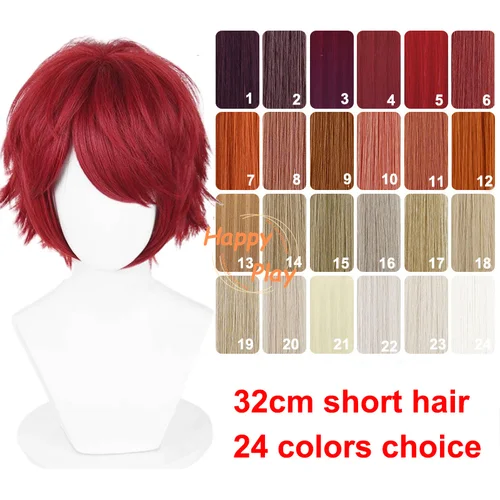 Peluca de Cosplay corta de 32cm de pelo sintético resistente al calor marrón de lino rojo naranja pelucas de Cosplay de Anime de Halloween para hombres y mujeres Cosplay