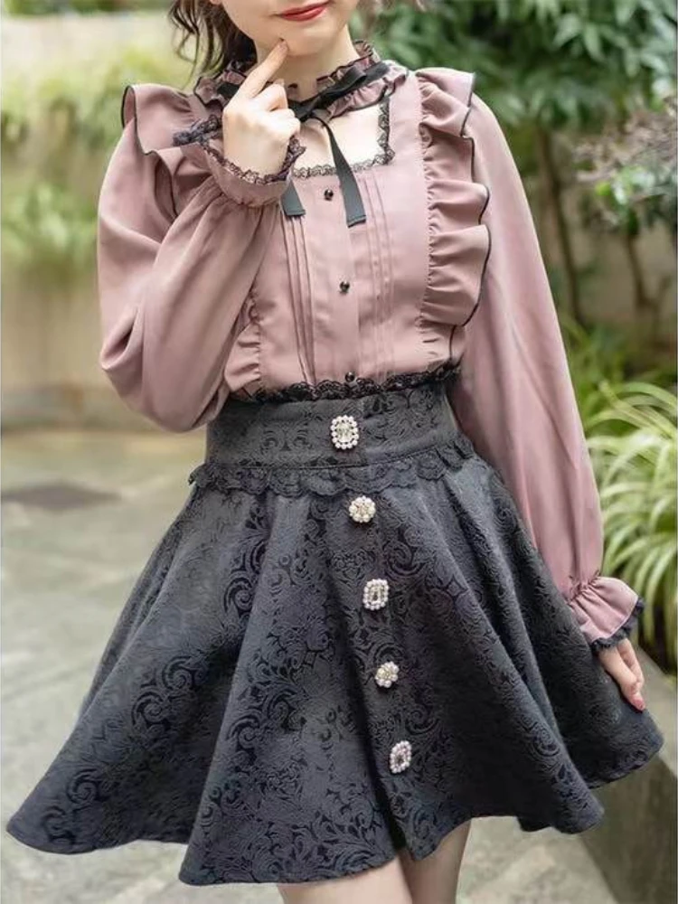 

Japanese Style Rojita Sweet Ruffles Blouses 2023 Spring and Autumn New Lolita Long Puff Sleeve Bow Shirt Cute Tops Femininas