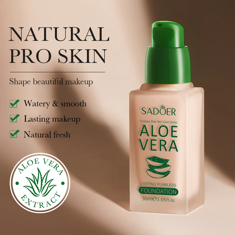 Aloe Vera Liquid Foundation, Natural Color, Fine Powder Texture, Light and Breathable Tightly Adheres to the Skin, Covers Skin Imperfections, Is Waterproof, Beautifies the Skin, Makes the Skin as Smooth and Delicate as Silk, and Provides a Natural and Clear Makeup Look.