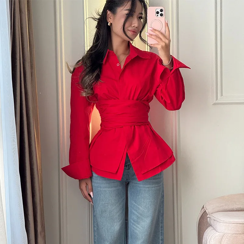 

Fashion Solid Lace Up Blouse Women Lapel Waist Cinching Belt Full Sleeve Shirt 2026 Spring Lady Street Commute Daily Top New