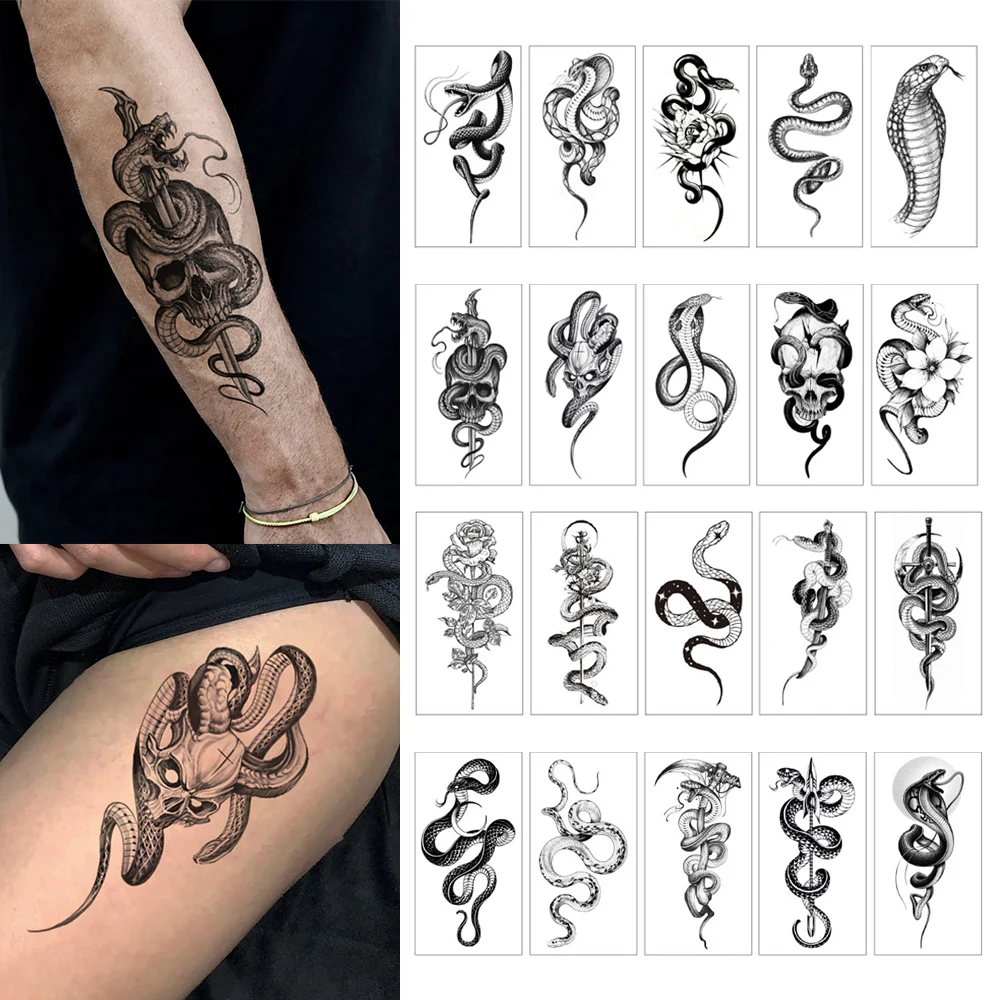 10pcs Waterproof Temporary Tattoo Sticker Snake Black Mamba Flower Skull King Cobra Totem Body Art Arm Fake Tattoos Women Men