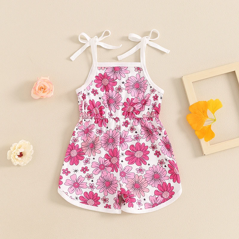 

Baby Girl Summer Jumpsuit Sleeveless Tie Strap Elastic Waist Floral Print Romper Toddler Playsuit