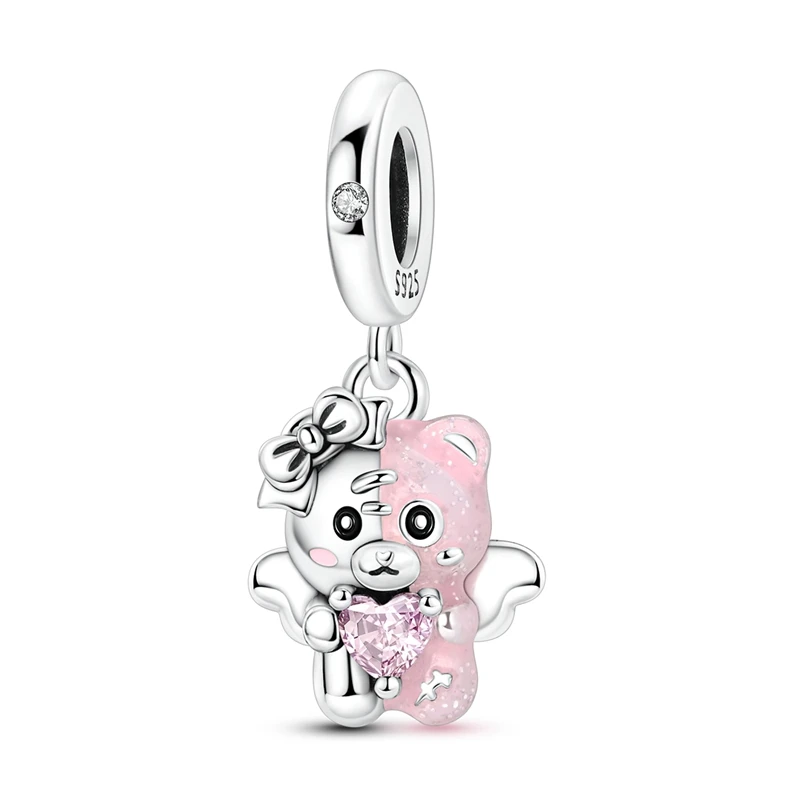 

925 Sterling Silver Charms Bead Pink Patchwork Bear Dangle Fit Original Bracelet DIY Women Jewelry