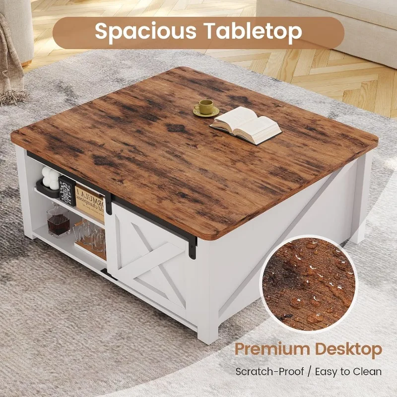 31.5 "lift top coffee table, living room square coffee table with large hidden storage compartment and adjustable shelf, white
