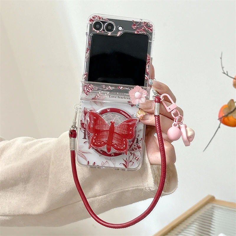 

Cute Flower Butterfly Magnetic Stand Phone Case For Samsung Galaxy Z Flip 7 6 5 Flip6 Flip7 Cover with Hinge Hand Rope Cases