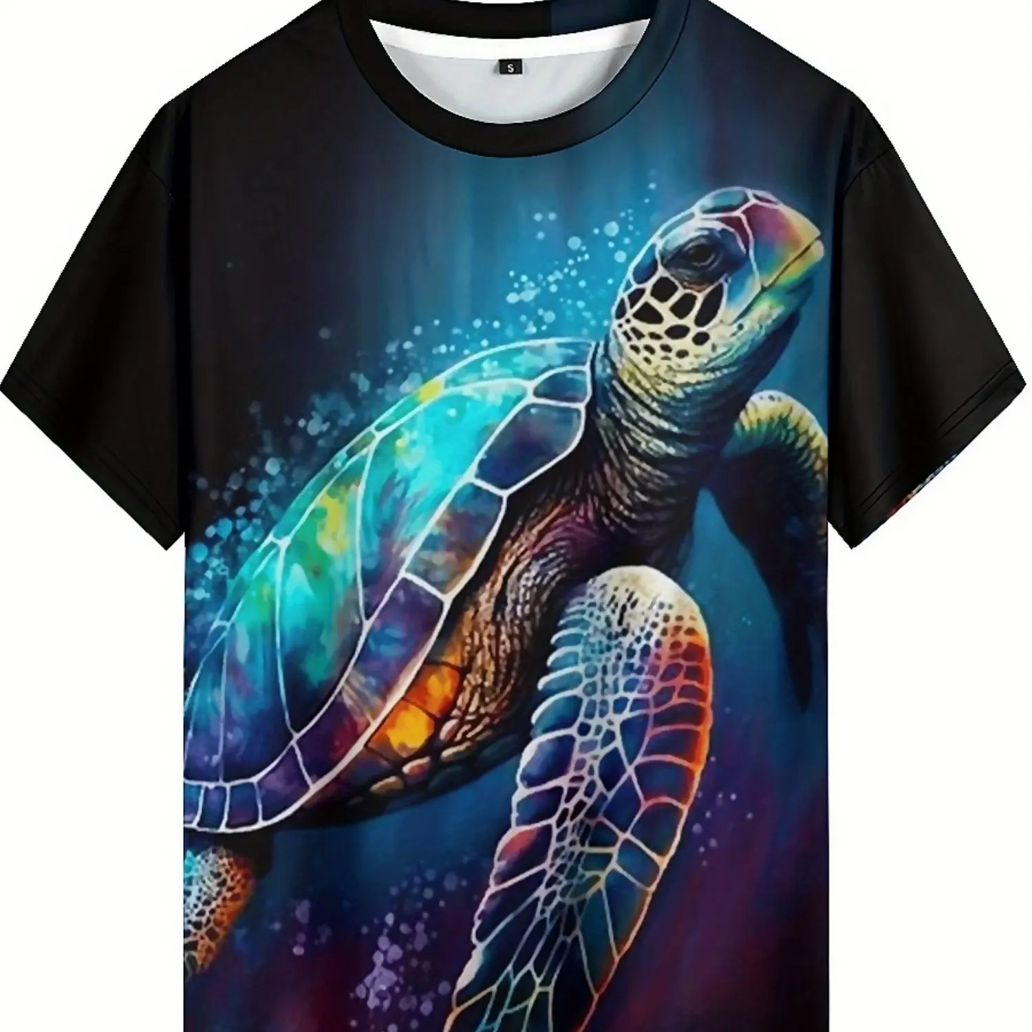 Camiseta vibrante com estampa de tartaruga marinha 3D para homens e mulheres, manga curta, gola redonda, tecido de poliéster, perfeita para viagens