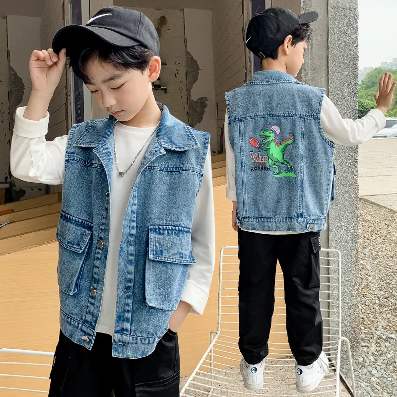 Korean Style Children Dinosaur Denim Vest for Teen Boy New Autumn Clothing Waistcoat Kids Casual Sleeveless Jacket Age 4 To 14 Y