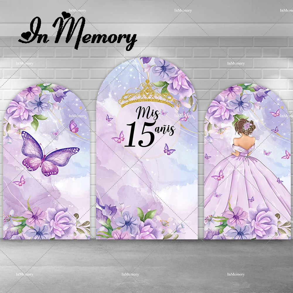 

Arch Backdrop Cover Quinceanera 15th Birthday Party Decor Background Purple Floral Crown Girls Cake Table Portrait Photozone