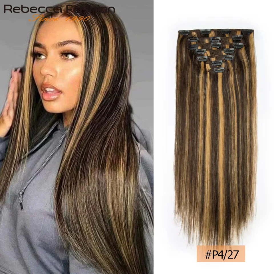 

P4/27 Highlight Clip In Human Hair Extensions For Women Straight Double Weft Hair Extensions 7pcs/Set Brown Honey Blonde #613