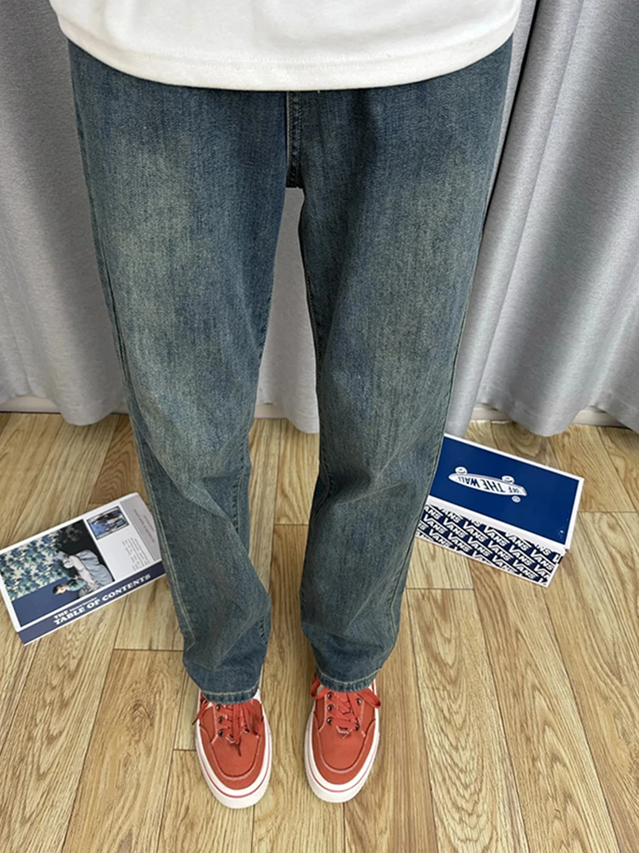 

Мужские джинсы Deep Blue Elastic: весенне-осенние, с высокой талией, прямые, в американском стиле, с эффектом потертости, длинные брюки, модные повседневные джинсы