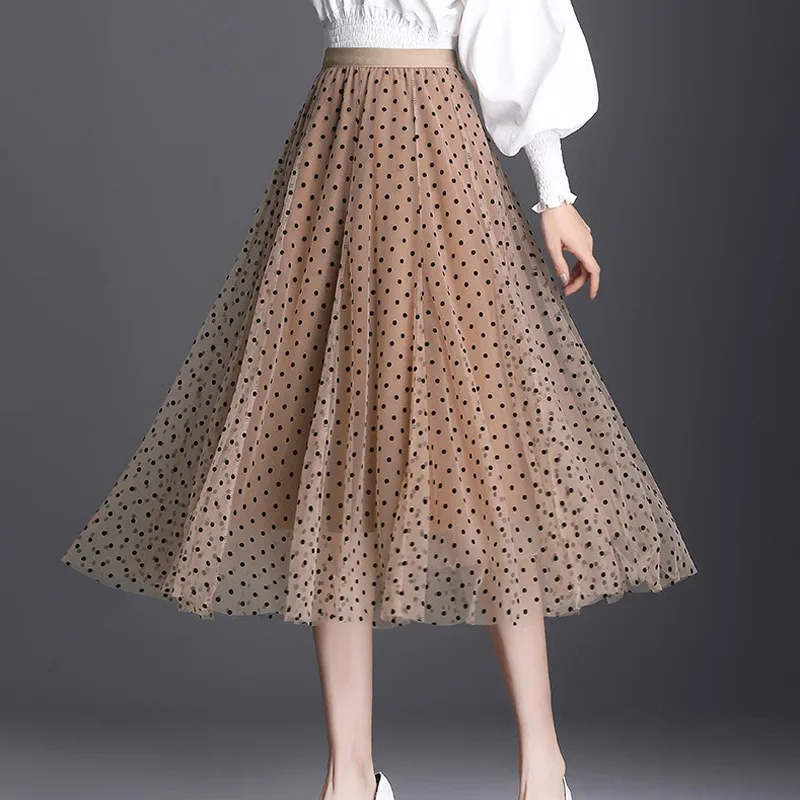 

High Waist Spring Polka Dot Tulle Skirts Women Elegant Long Skirt Female Korean Fashion Mid-Calf Skirt Lady Mesh Skirt P379