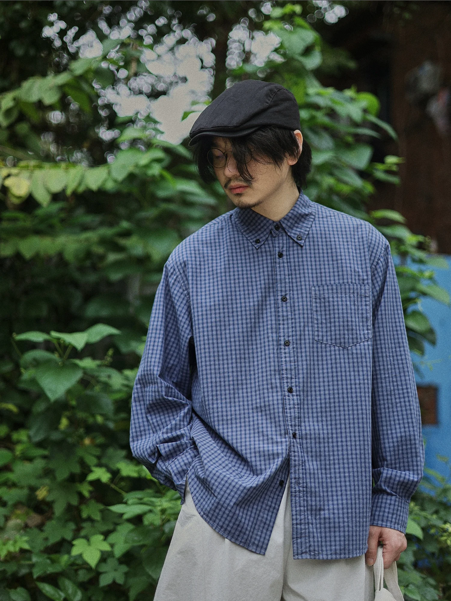 

Loose Fit Plaid Shirt Men's Youth Style Japanese Retro Thin Outerwear Autumn Commute Long Sleeve Button up Cotton Breathable