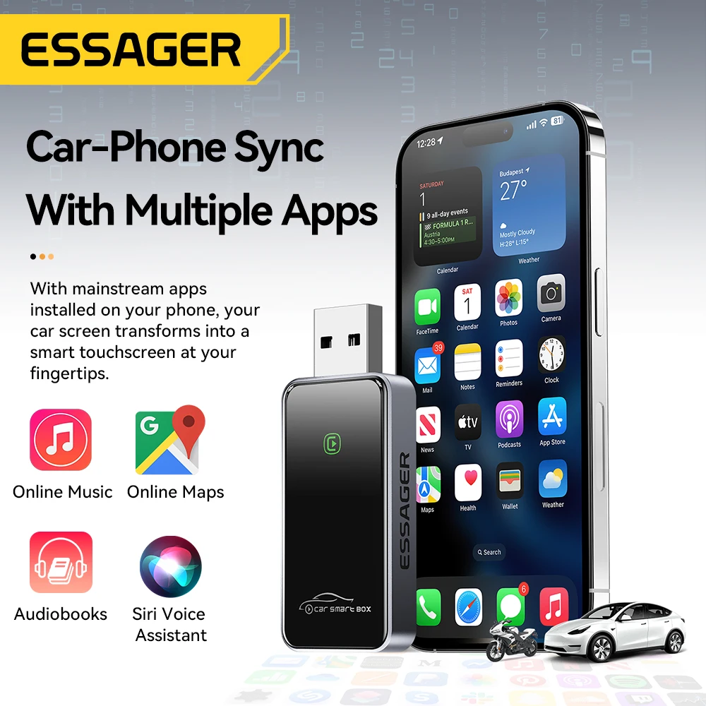 Essager adaptor mobil USB A nirkabel, Dongle Auto mobil untuk iPhone berkabel ke nirkabel