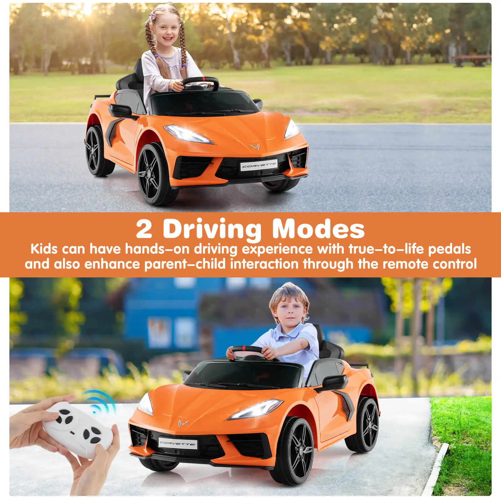 Coche eléctrico para niños, luces de conexión inalámbrica con Control remoto, 12V