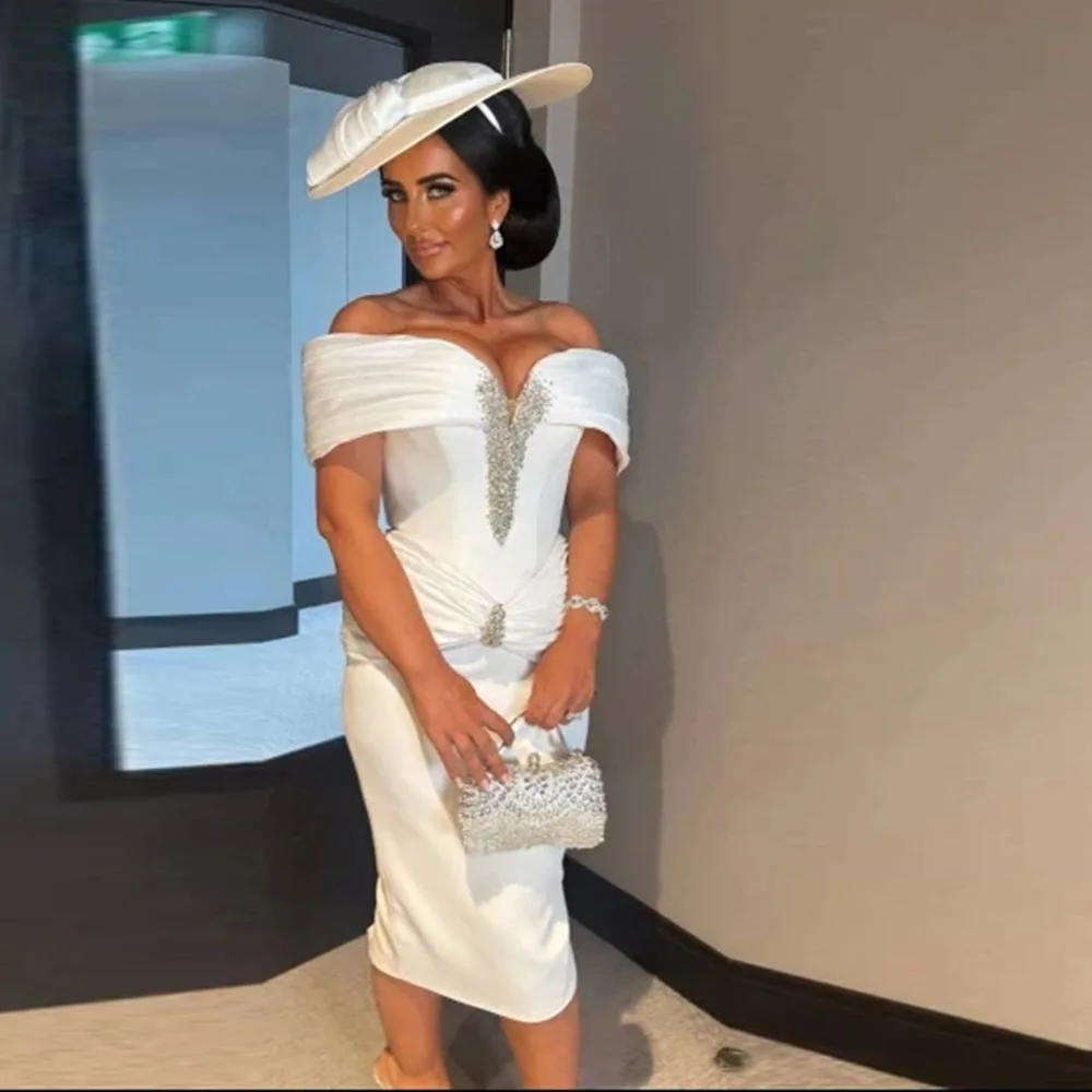 

Ivory Satin Cocktail Dress Knee Length Mermaid Cocktail Gown Off The Shoulder Party Gown Slit Beading Prom Dress