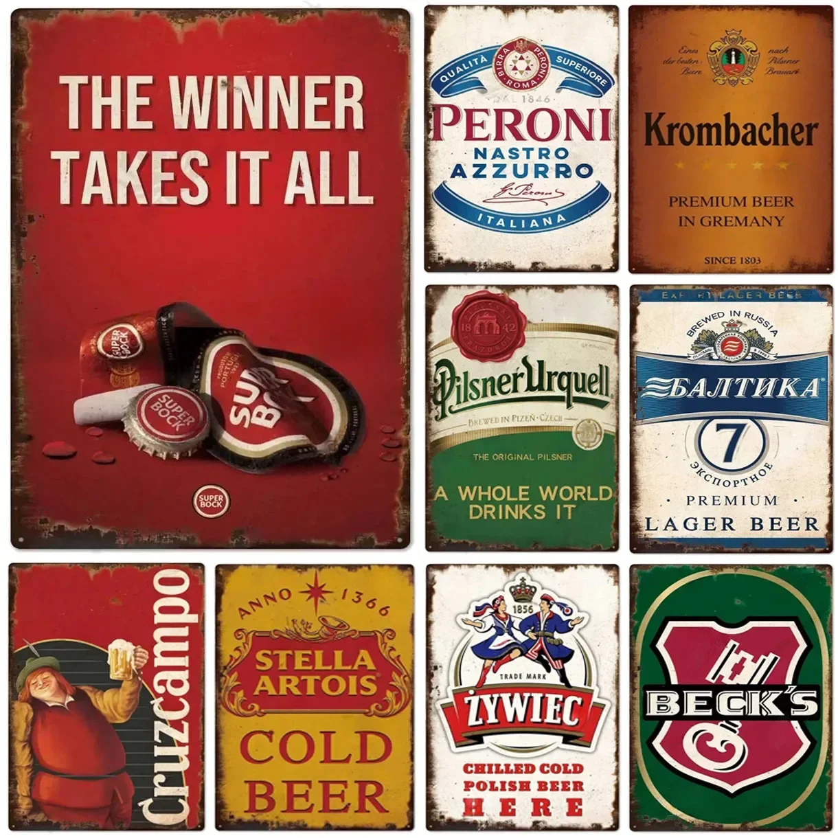 High Definition Tin Sign Vintage International Beer Brand Retro Metal Wall Art, Peroni Krombacher Pilsner Urquell Stella Artois