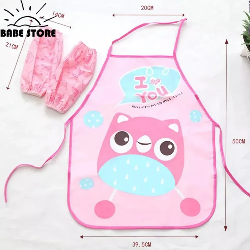 Cute Cartoon Children Apron Sleeves Chef Hat Pocket Set Kids Craft Art Kitchen Cooking Chef Suit Drink Food Baking Toys for 3-8Y