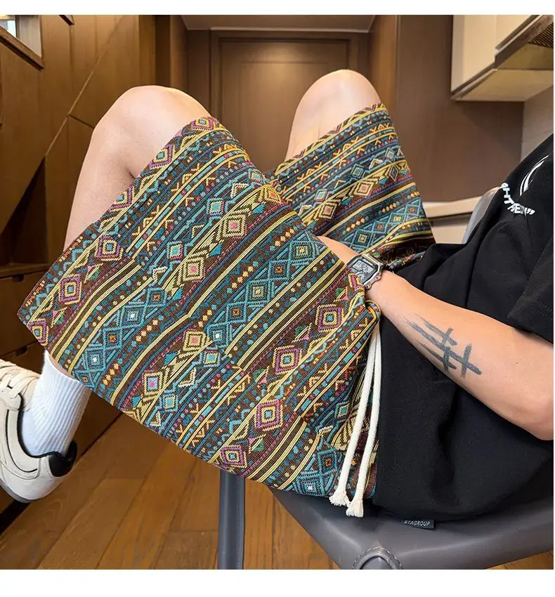 Men's Retro Geometric Patterns Shorts Summer Cool Boys Wide Leg Casual Bottom Cropped Pants Male High Waist Half Trousers