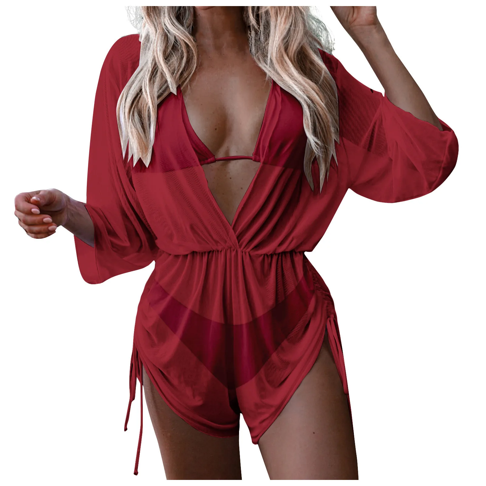 Women'S Swimsuit Three-Piece Loose Drawstring High Waist Rompers Sexy Bikini Bra With Chest Pad And Brief Solid Color Set