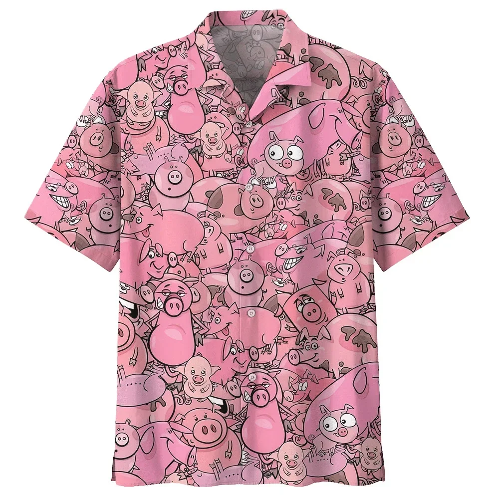 

Hawaiian Style 3D Printing Pink Piglet Summer Casual Loose Short Sleeve Shirt Street Men