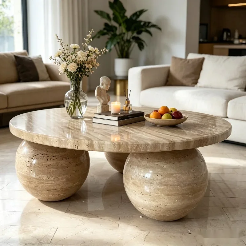 Modern Natural Stone Round Center Table, Beige Travertine With 3 Support Base for Living Room Furnishing